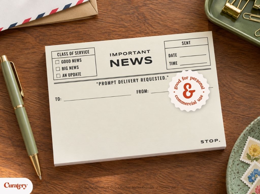 A notepad designed like an "Important News" memo is displayed on a wooden surface, featuring sections for "Class of Service," "Sent" date and time, "To" and "From" lines, and a circular sticker stating "good for personal & commercial use," alongside a pen, an envelope, paper clips, and postage stamps.