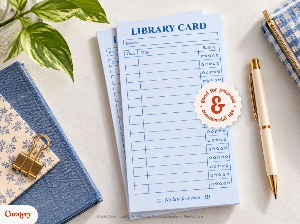 A stack of light blue "LIBRARY CARD" notepads is shown, featuring columns for "Reader", "Date", "Title", and "Rating" with stars, along with the phrase "No late fees here." and a sticker that reads "good for personal & commercial use".