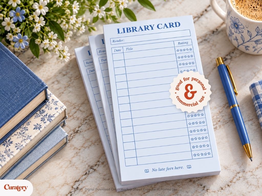 A stack of "LIBRARY CARD" notepads, featuring columns for "Reader," "Date," "Title," and "Rating" along with the text "No late fees here," rests on a marble surface surrounded by blue books, a pen, a coffee mug, and white flowers.