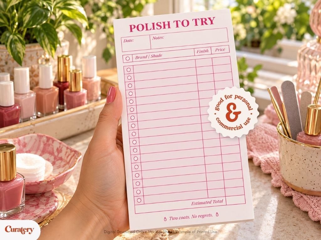 A hand holds a pink-lined notepad titled "POLISH TO TRY" featuring columns for "Brand | Shade", "Finish", and "Price", along with phrases like "Estimated Total" and "Two coats. No regrets.", and a circular sticker that reads "good for personal & commercial use".