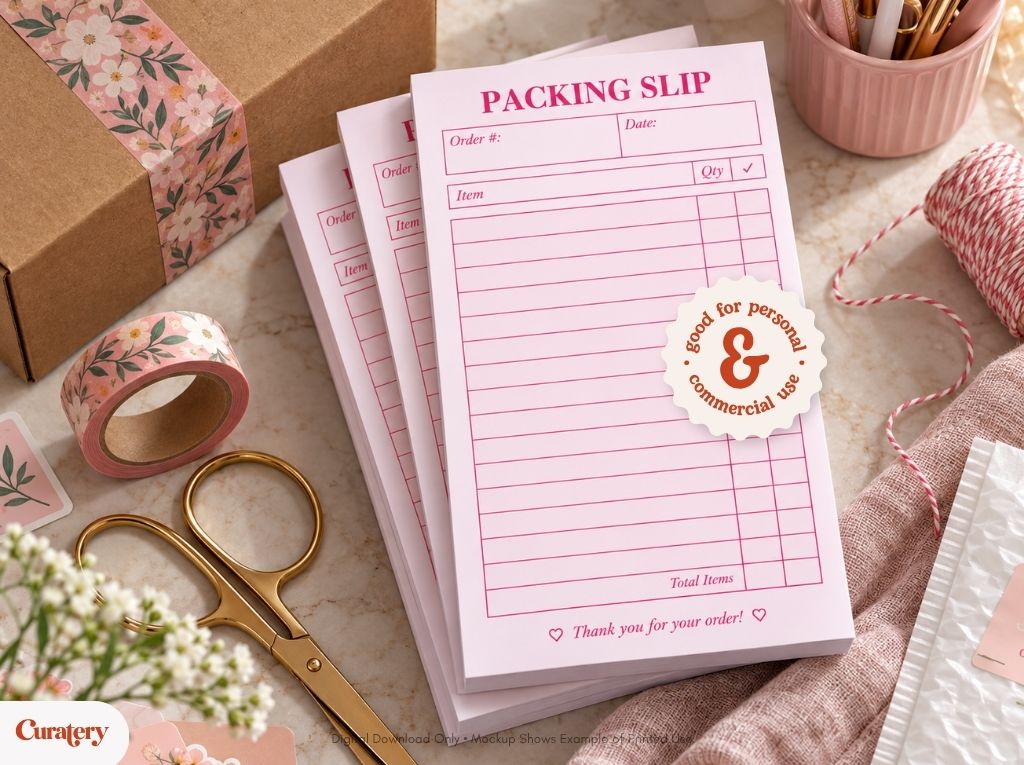 A stack of pink packing slips with "PACKING SLIP" and order details is displayed on a light surface, surrounded by a brown box with floral tape, a roll of matching tape, gold scissors, pink and white twine, and a pink pen holder, with a circular sticker on the top slip reading "good for personal & commercial use."