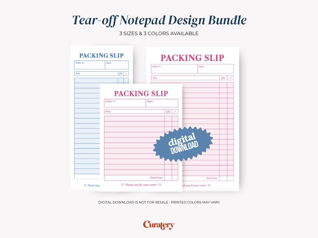 An image displays a "Tear-off Notepad Design Bundle" featuring three "Packing Slip" notepads in blue and pink, with fields for order details and a "digital DOWNLOAD" overlay.