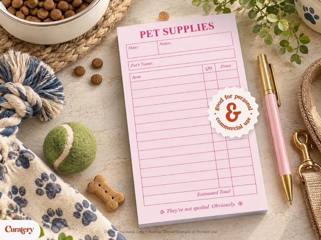 A pink "PET SUPPLIES" notepad, featuring fields for pet's name, items, quantity, and price, and a sticker stating "good for personal & commercial use", is surrounded by pet food, toys, a pen, and a leash.