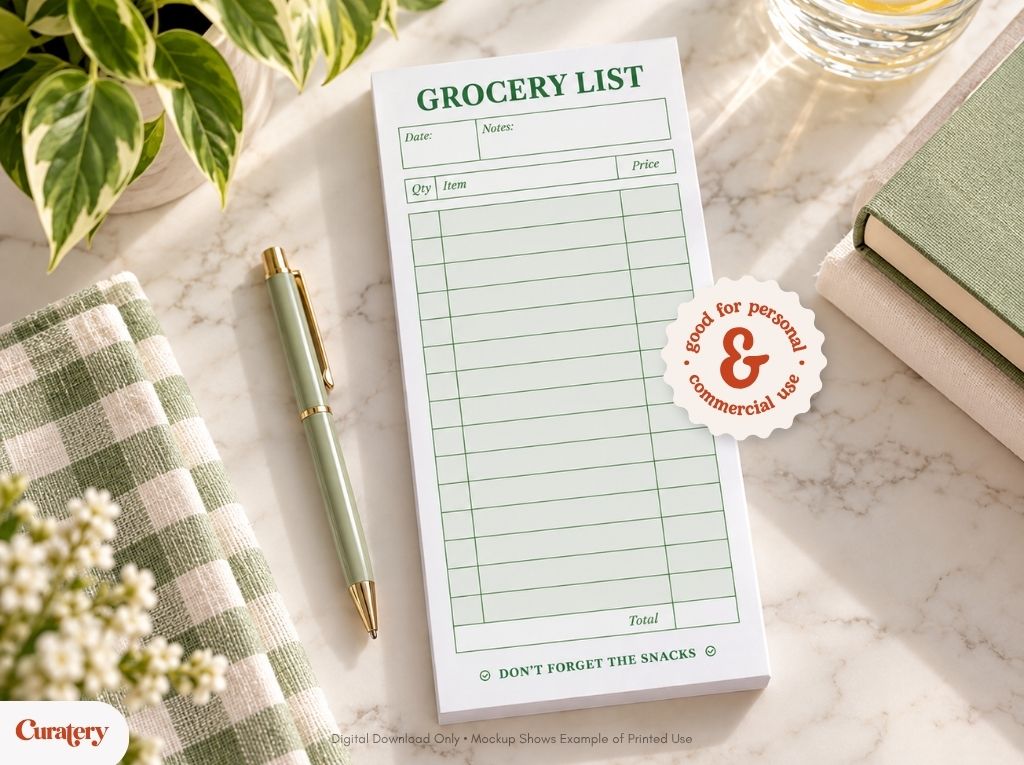 A white grocery list notepad with green text and lines for items, quantities, and prices is centered on a marble surface, surrounded by a green pen, a checkered cloth, a plant, and a sticker indicating "good for personal & commercial use."