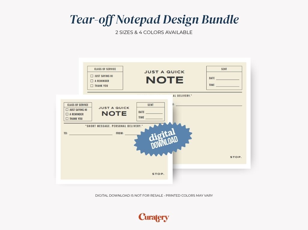 An image displays two tear-off notepad designs, one partially obscured, featuring sections for "Class of Service," "Just a Quick Note," "Sent" details, and "To:" and "From:" fields, with a "digital DOWNLOAD" badge and text indicating "Tear-off Notepad Design Bundle, 2 SIZES & 4 COLORS AVAILABLE."