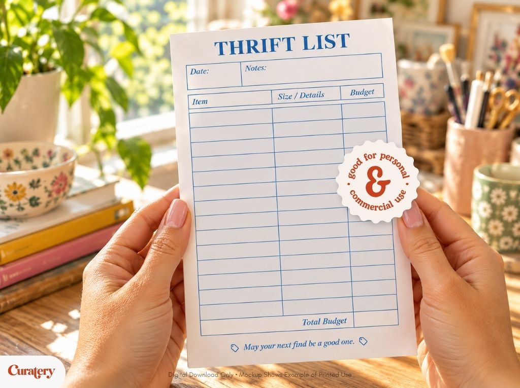 A person holds a white notepad titled "THRIFT LIST" with columns for date, notes, item, size/details, and budget, featuring a circular sticker that reads "good for personal & commercial use" and the phrase "May your next find be a good one." at the bottom.