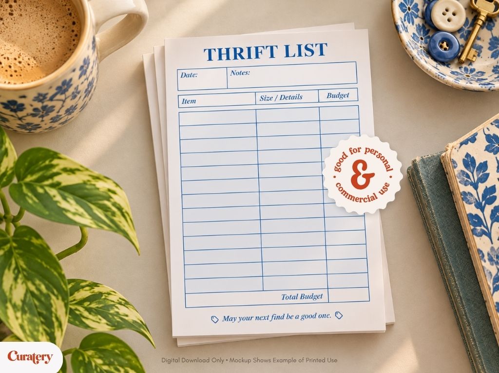 A white notepad titled "THRIFT LIST" with columns for "Item," "Size / Details," and "Budget" is displayed on a light surface, accompanied by a coffee cup, a plant, and a small dish with buttons and a key, and features a sticker that reads "good for personal & commercial use."