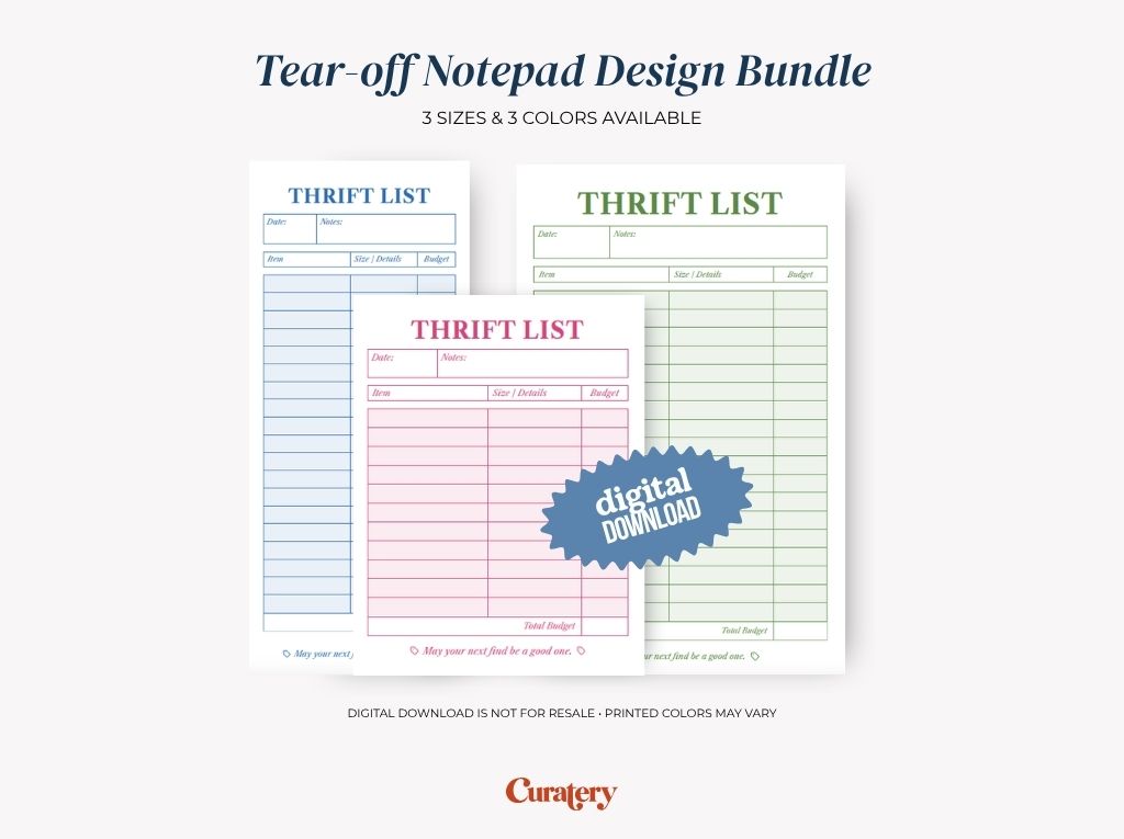 An image displays a "Tear-off Notepad Design Bundle" featuring three "THRIFT LIST" notepads in blue, pink, and green, each with sections for date, notes, item, size/details, and budget, accompanied by a "digital DOWNLOAD" badge and branding.