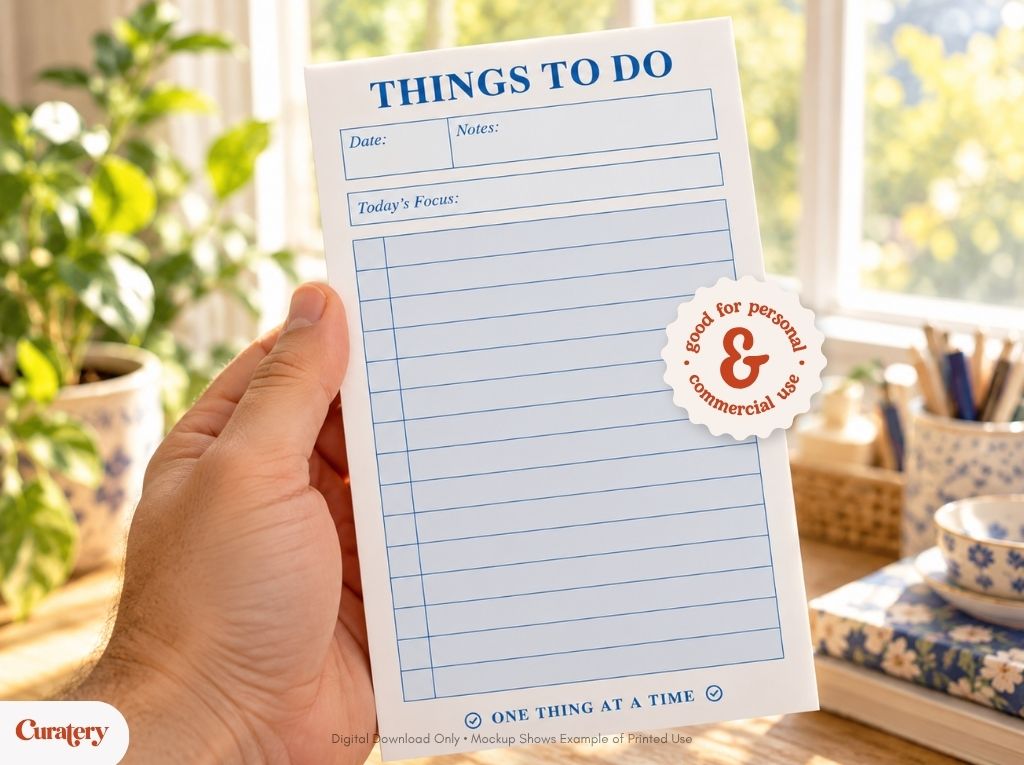 A hand holds a white "THINGS TO DO" notepad with blue lines, featuring sections for date, notes, and today's focus, along with a circular sticker stating "good for personal & commercial use" and text at the bottom reading "ONE THING AT A TIME."