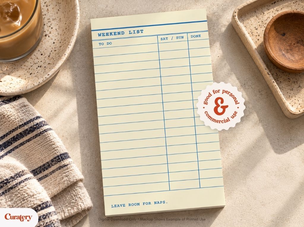 A notepad with a "WEEKEND LIST" template, featuring sections for "TO DO," "SAT / SUN," and "DONE," is displayed on a light surface next to a glass of iced coffee and a striped towel, with a sticker indicating "good for personal & commercial use."