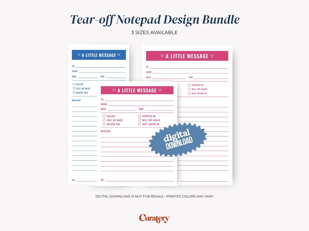 A display shows three tear-off notepad designs in blue and pink, featuring "A Little Message" headers, fields for sender/recipient, date, time, checkboxes for call status, and a message area, with a "digital DOWNLOAD" overlay.