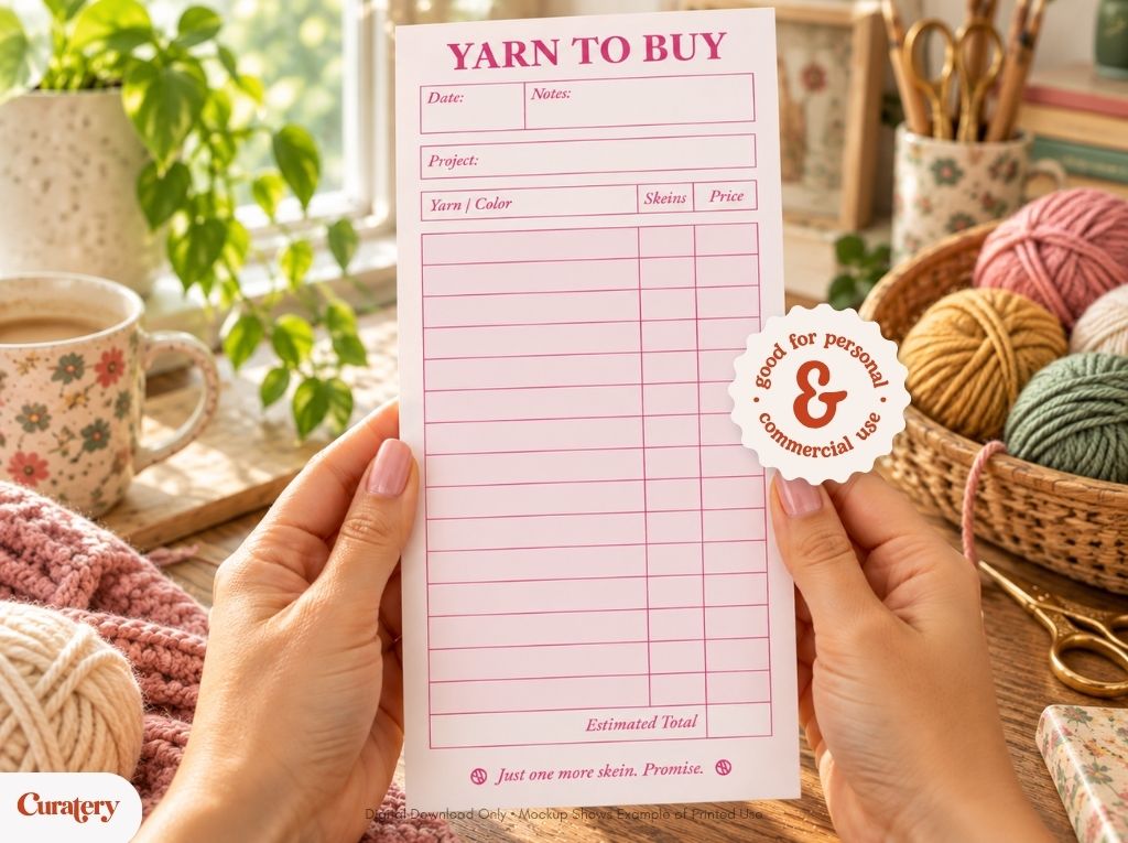 A person holds a pink "YARN TO BUY" checklist with fields for date, notes, project, yarn/color, skeins, price, and estimated total, and a sticker that reads "good for personal & commercial use".