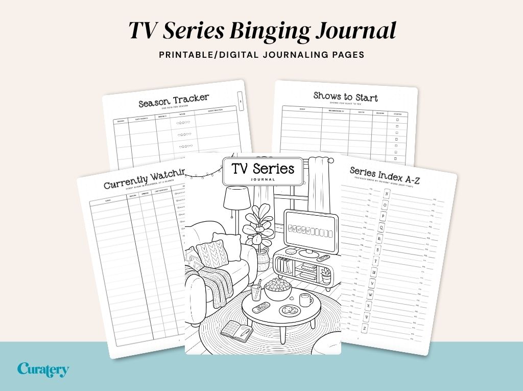 A collection of printable/digital journaling pages for tracking TV series is displayed, featuring a central black and white illustration of a cozy living room with a TV, surrounded by pages titled "TV Series Binging Journal," "Season Tracker," "Currently Watching," "Shows to Start," and "Series Index A-Z."