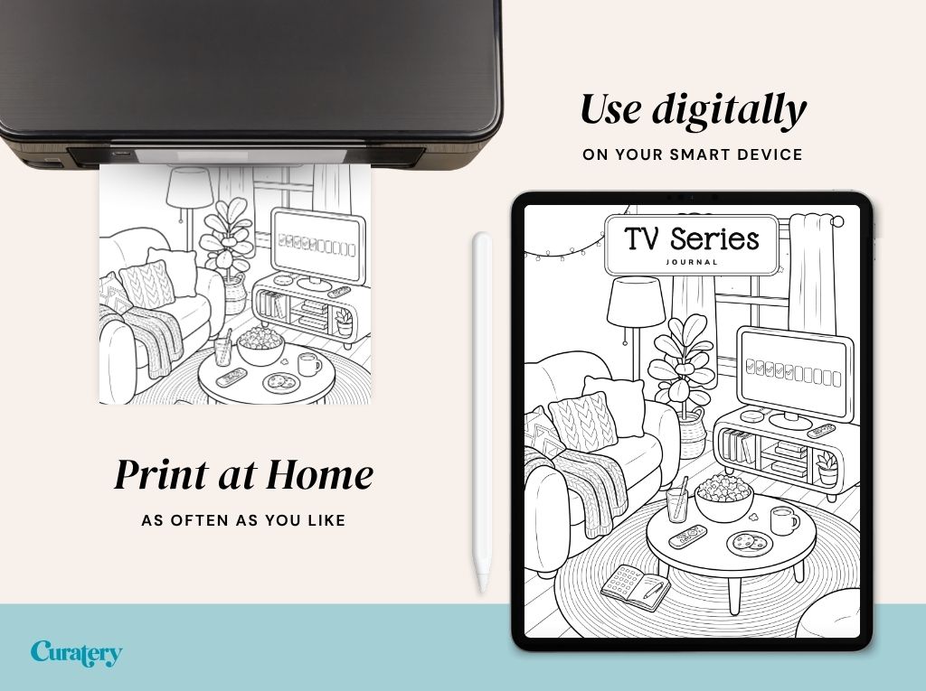 A printer is shown printing a black and white line art illustration of a living room, while a tablet displays the same illustration with "TV Series Journal" text, accompanied by text overlays "Print at Home" and "Use digitally".