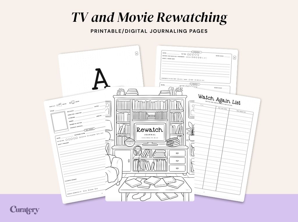 A collection of printable/digital journaling pages for TV and movie rewatching is displayed, featuring a coloring page of a living room with a TV showing "Rewatch JOURNAL," a "Watch Again List," and various journaling templates with fields for titles, ratings, and notes.