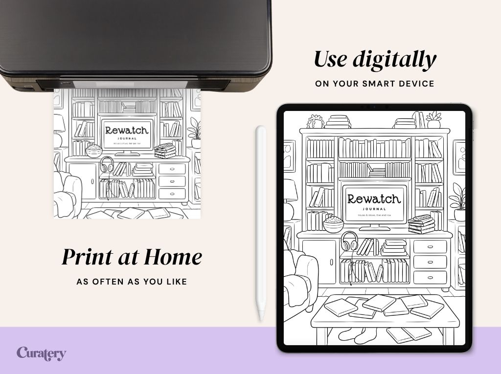 A digital product advertisement shows a "Rewatch Journal" coloring page being printed from a printer and displayed on a tablet with a stylus, featuring a cozy living room scene with a TV and bookshelves.