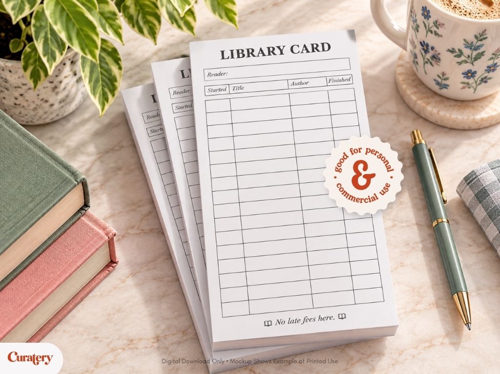 A stack of white notepads titled "LIBRARY CARD" features columns for tracking books by "Started", "Title", "Author", and "Finished" dates, along with the phrase "No late fees here.", surrounded by books, a plant, a mug, a pen, and a sticker that reads "good for personal & commercial use".