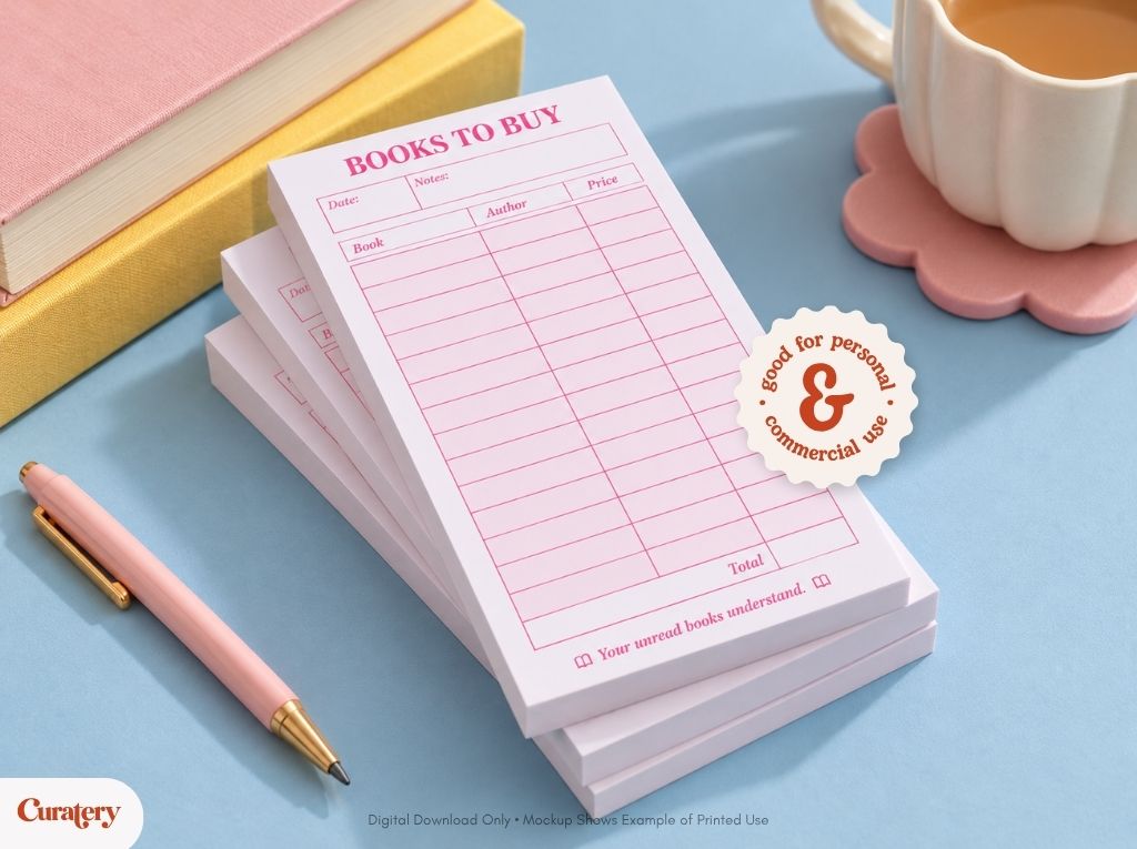 A stack of pink notepads titled "BOOKS TO BUY" with columns for date, notes, book, author, and price, is displayed on a blue surface, accompanied by a pink pen, two books, a mug, and a circular sticker stating "good for personal & commercial use".