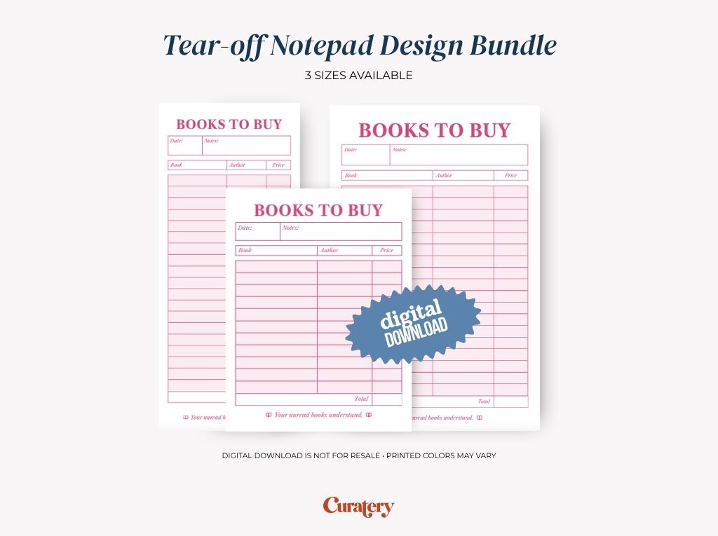 An image displays three tear-off notepad designs for a "Books to Buy" list, featuring columns for date, notes, book, author, and price, with a "digital DOWNLOAD" badge and text indicating it's a "Tear-off Notepad Design Bundle" available in "3 SIZES".